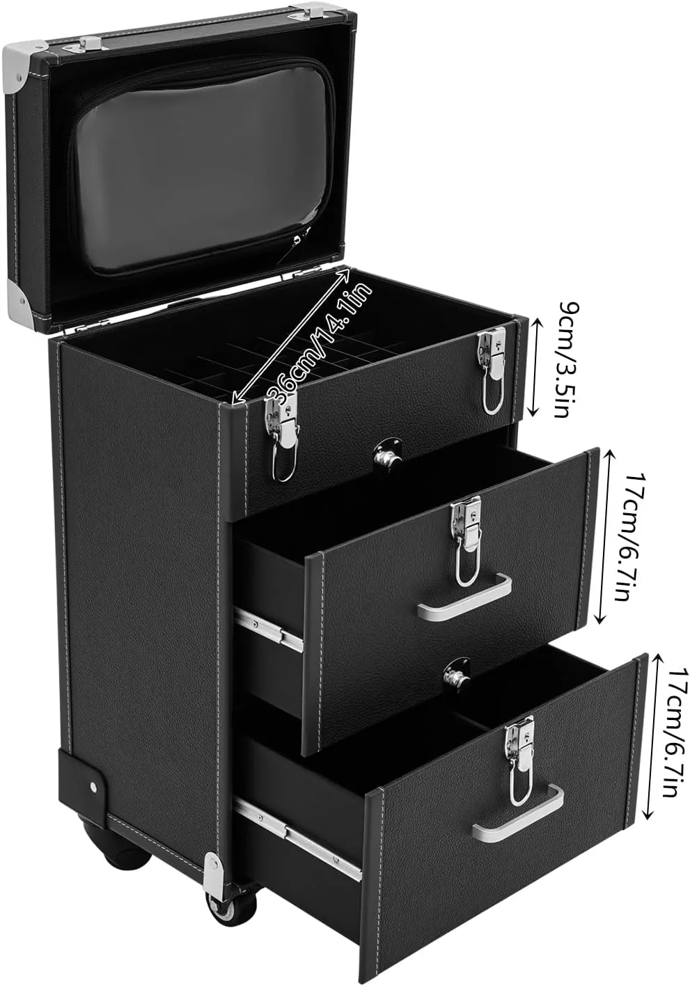Rolling Makeup Train Case Professional Cosmetic Organizer Trolley with Drawers Compartment Nail Case Wheeled Manicure Pedicure Storage Case for Hair Stylists Makeup Artists (Black & Silver C)