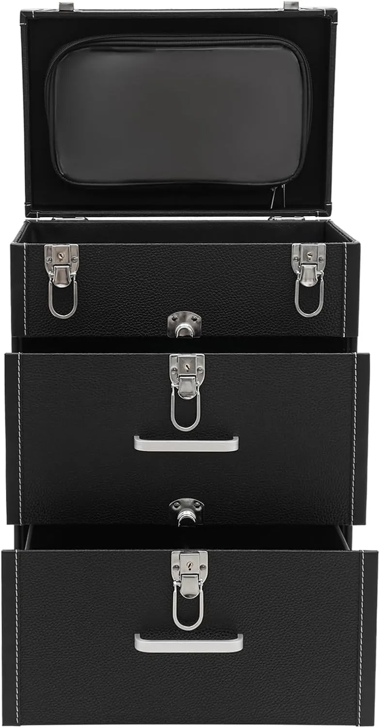 Rolling Makeup Train Case Professional Cosmetic Organizer Trolley with Drawers Compartment Nail Case Wheeled Manicure Pedicure Storage Case for Hair Stylists Makeup Artists (Black & Silver C)