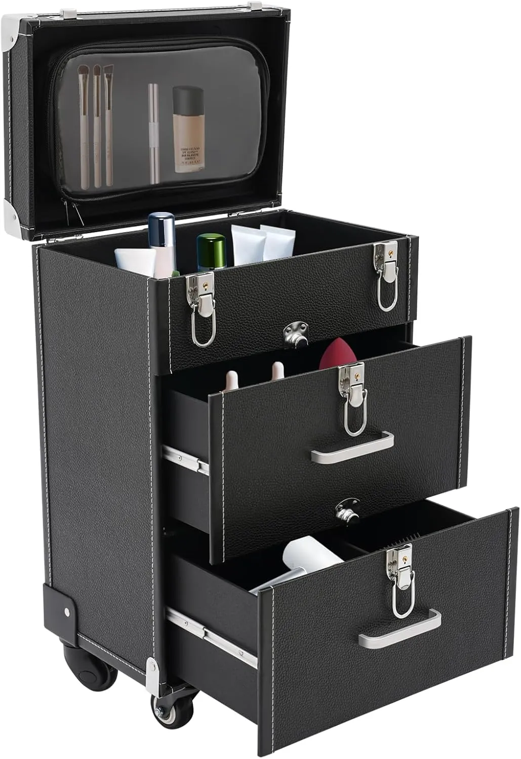 Rolling Makeup Train Case Professional Cosmetic Organizer Trolley with Drawers Compartment Nail Case Wheeled Manicure Pedicure Storage Case for Hair Stylists Makeup Artists (Black & Silver C)