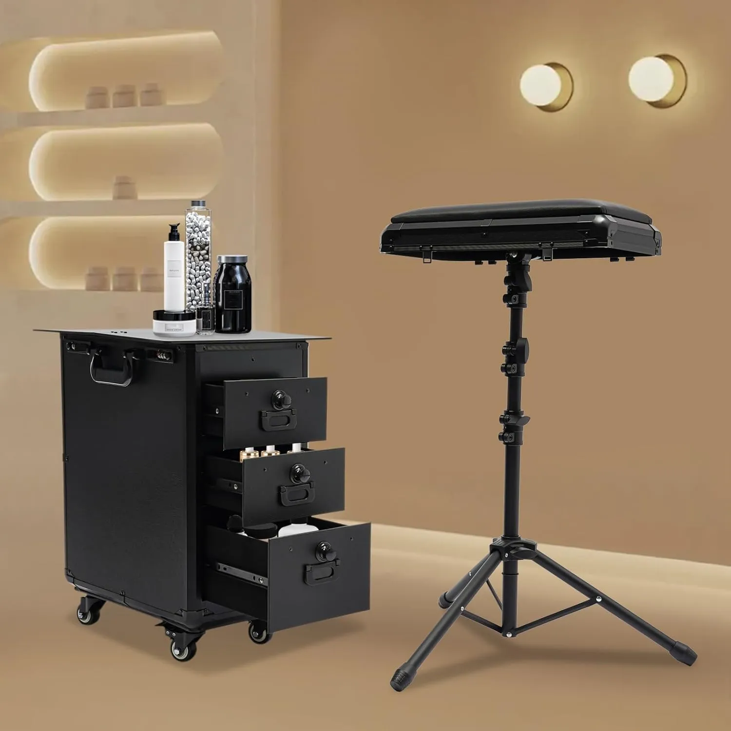 Rolling Makeup Train Case Professional Cosmetic trolley on Wheels Large Storage Lockable Travel Organizer with Drawer Nail Cart Trunk Cosmetic Suitcase for Makeup Nail Artist (Metal Panel)