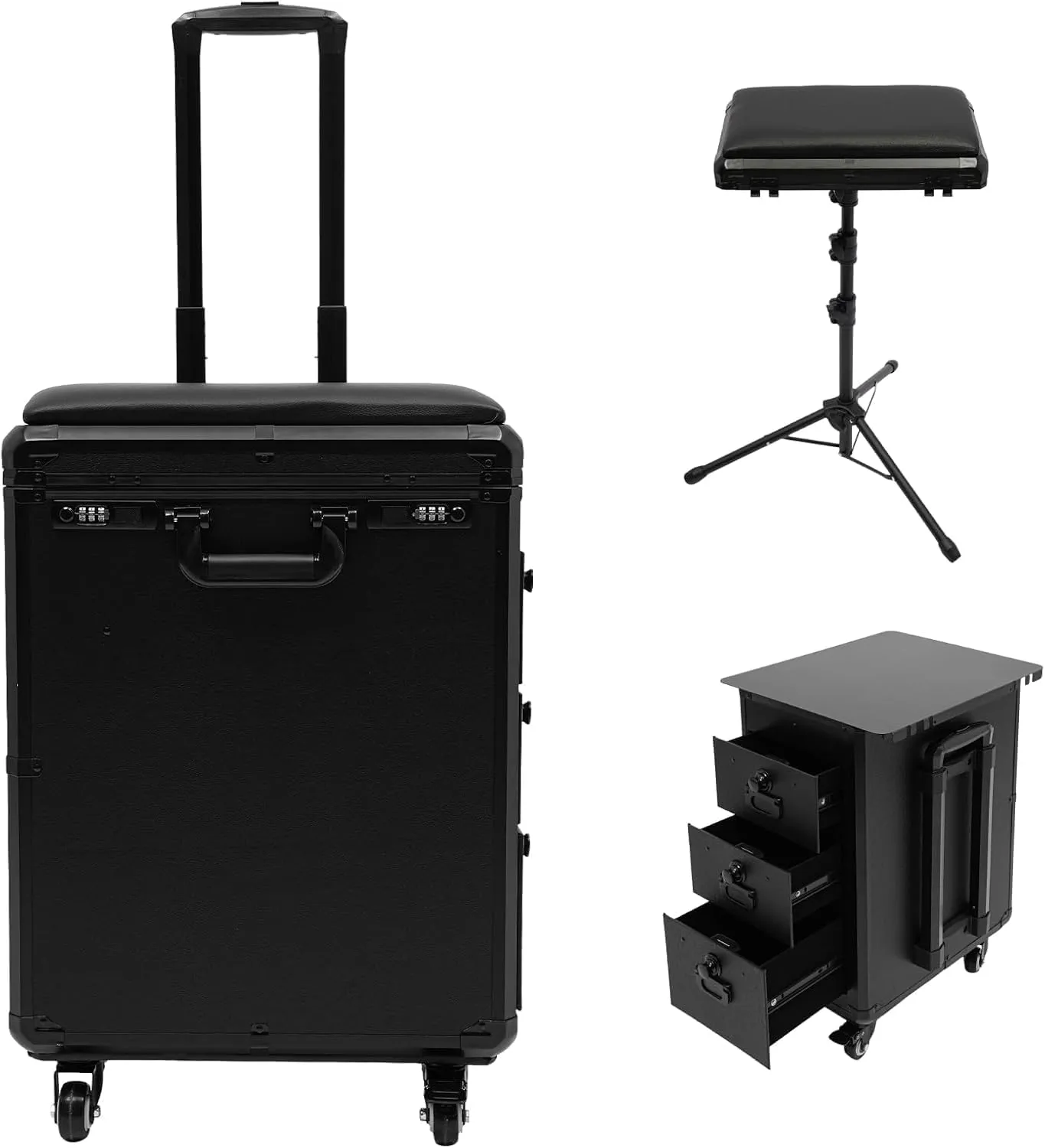 Rolling Makeup Train Case Professional Cosmetic trolley on Wheels Large Storage Lockable Travel Organizer with Drawer Nail Cart Trunk Cosmetic Suitcase for Makeup Nail Artist (Metal Panel)