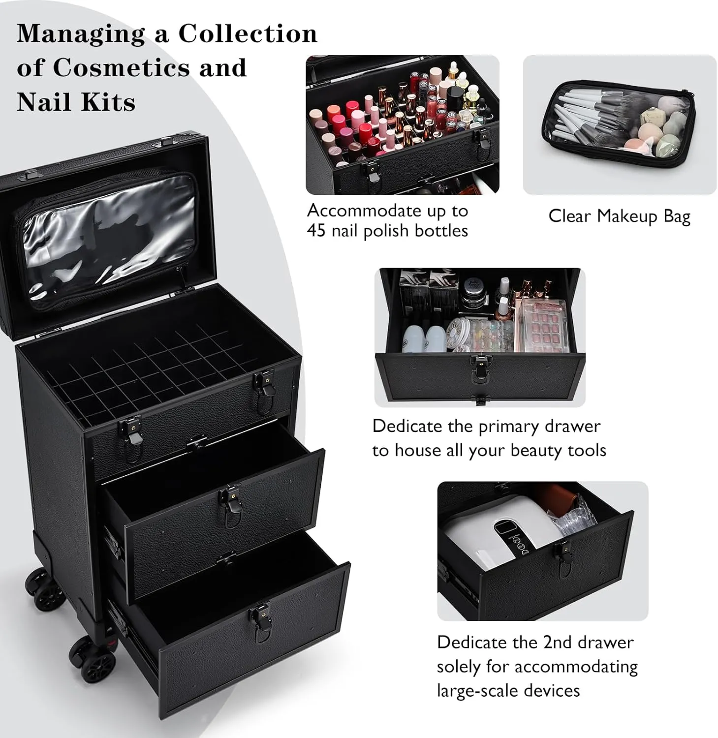 Rolling Makeup Train Case with 2 Extra Large Drawers Nail Organizer Case with Wheels Traveling Cosmetology Case with Makeup Pouch for Mobile Stylist Artists Nail Salon Cart Trunk Black