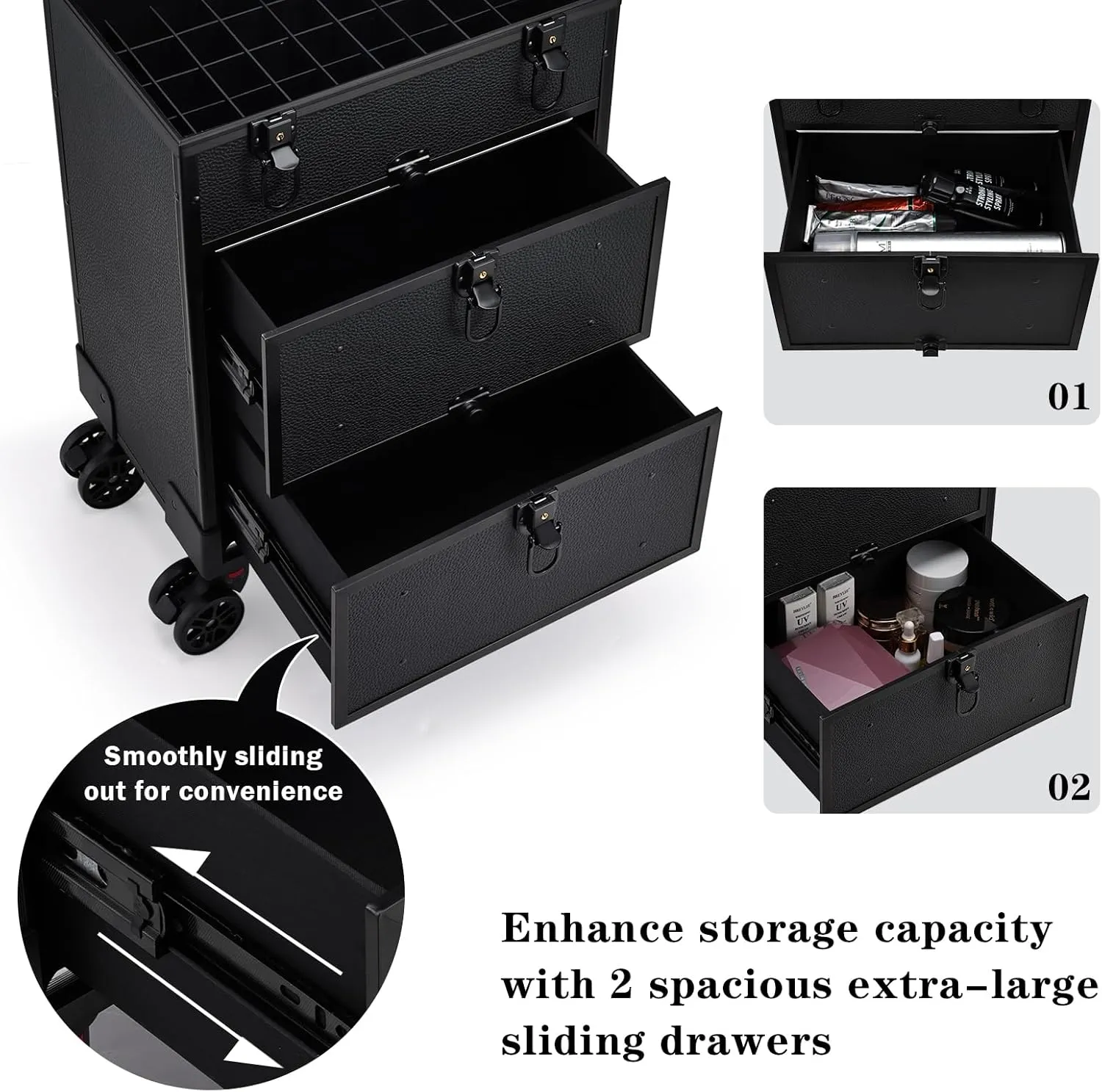 Rolling Makeup Train Case with 2 Extra Large Drawers Nail Organizer Case with Wheels Traveling Cosmetology Case with Makeup Pouch for Mobile Stylist Artists Nail Salon Cart Trunk Black