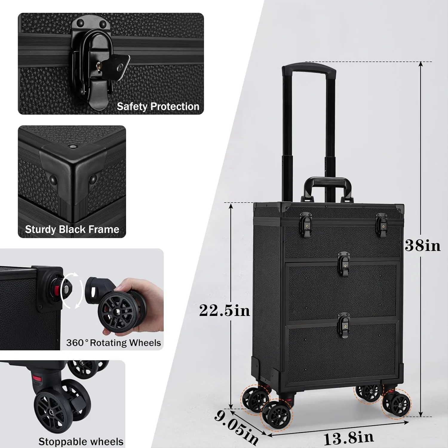 Rolling Makeup Train Case with 2 Extra Large Drawers Nail Organizer Case with Wheels Traveling Cosmetology Case with Makeup Pouch for Mobile Stylist Artists Nail Salon Cart Trunk Black