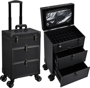 Rolling Makeup Train Case with 2 Extra Large Drawers Nail Organizer Case with Wheels Traveling Cosmetology Case with Makeup Pouch for Mobile Stylist Artists Nail Salon Cart Trunk Black