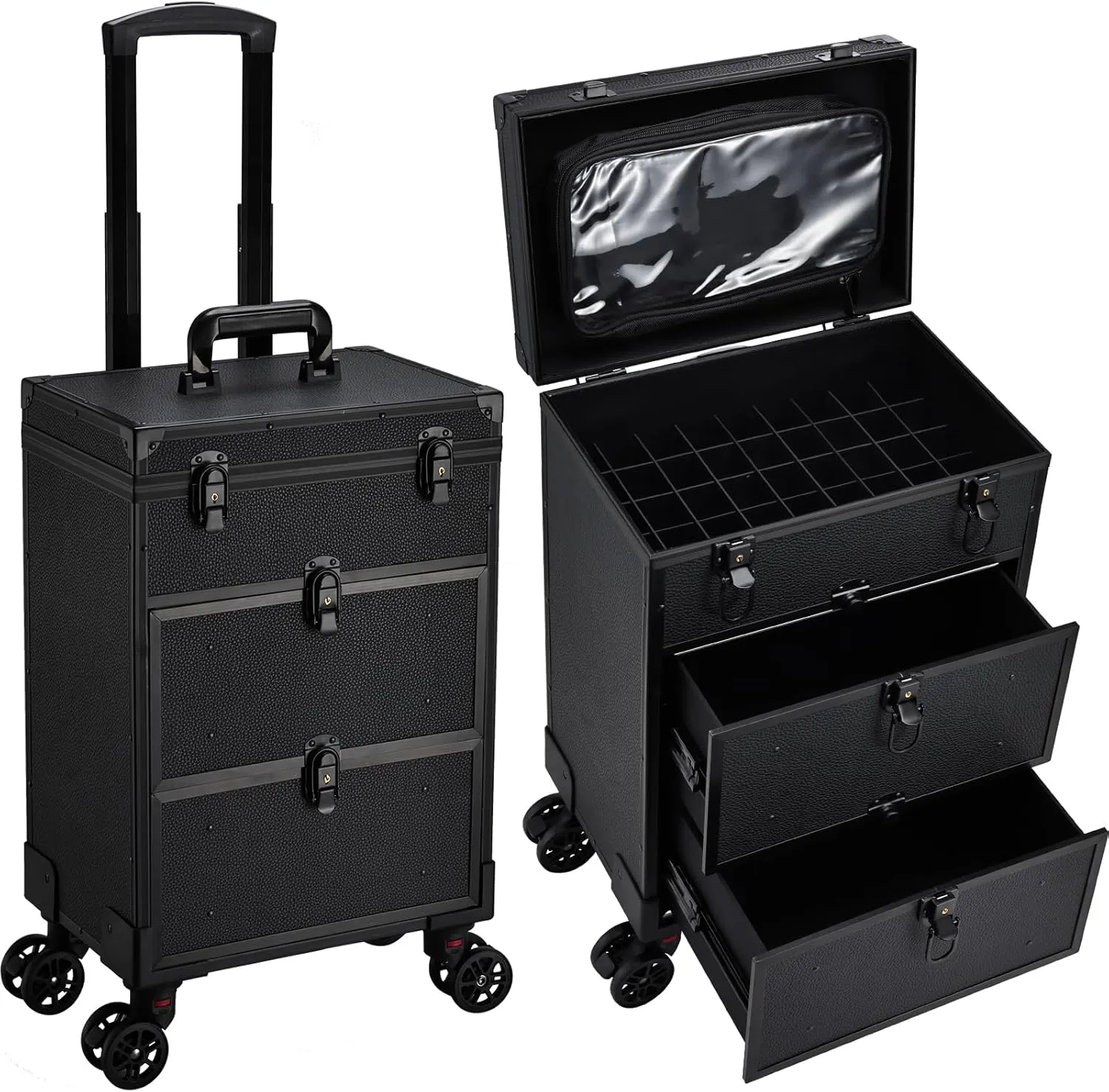 Rolling Makeup Train Case with 2 Extra Large Drawers Nail Organizer Case with Wheels Traveling Cosmetology Case with Makeup Pouch for Mobile Stylist Artists Nail Salon Cart Trunk Black