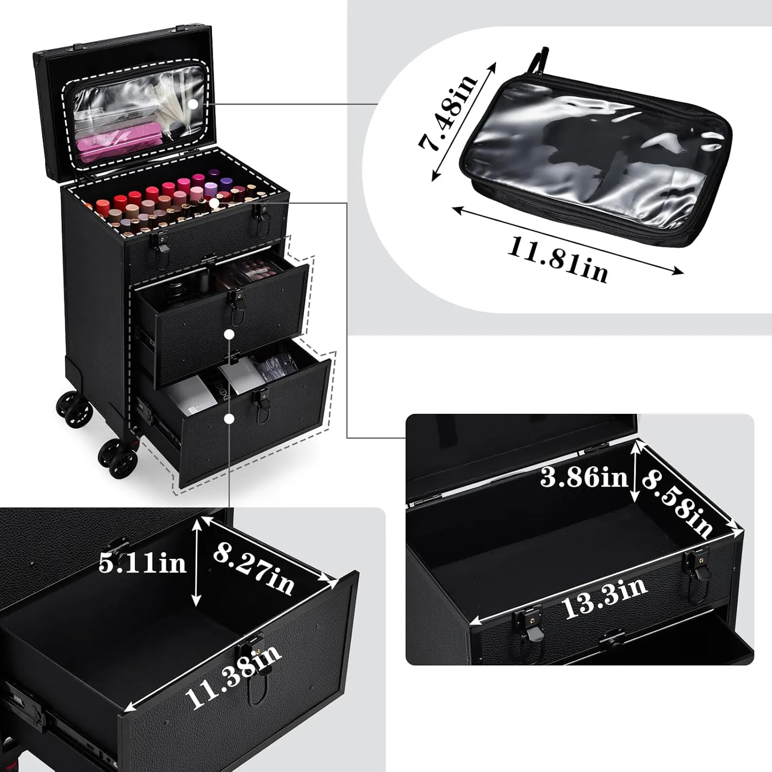 Rolling Makeup Train Case with 2 Extra Large Drawers Nail Organizer Case with Wheels Traveling Cosmetology Case with Makeup Pouch for Mobile Stylist Artists Nail Salon Cart Trunk Black