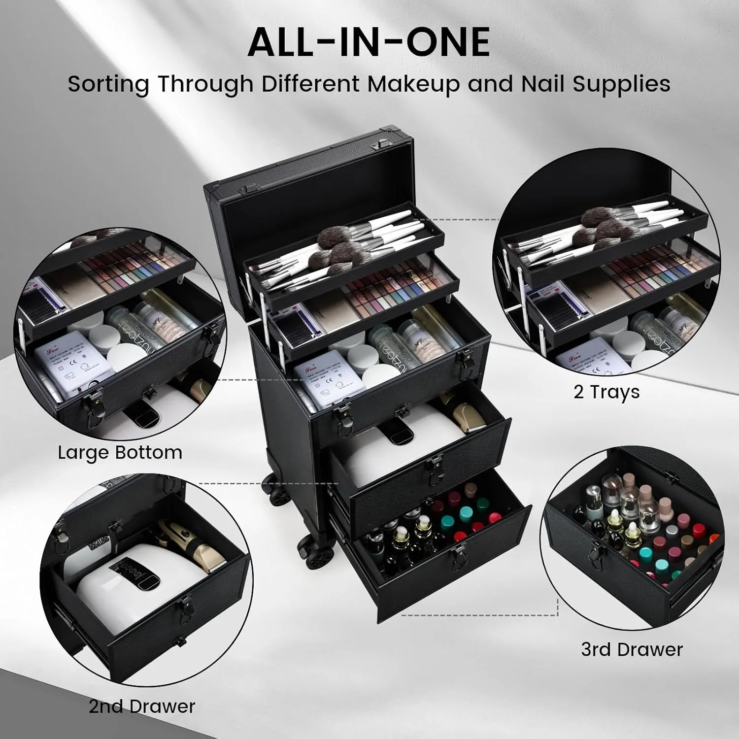 Rolling Makeup Train Case with 2 Large Drawers Cosmetology Case on Wheels Nail Carts Organizer Case Make Up Artist Tattoo Travel Case with Wheels Salon Trolley Black