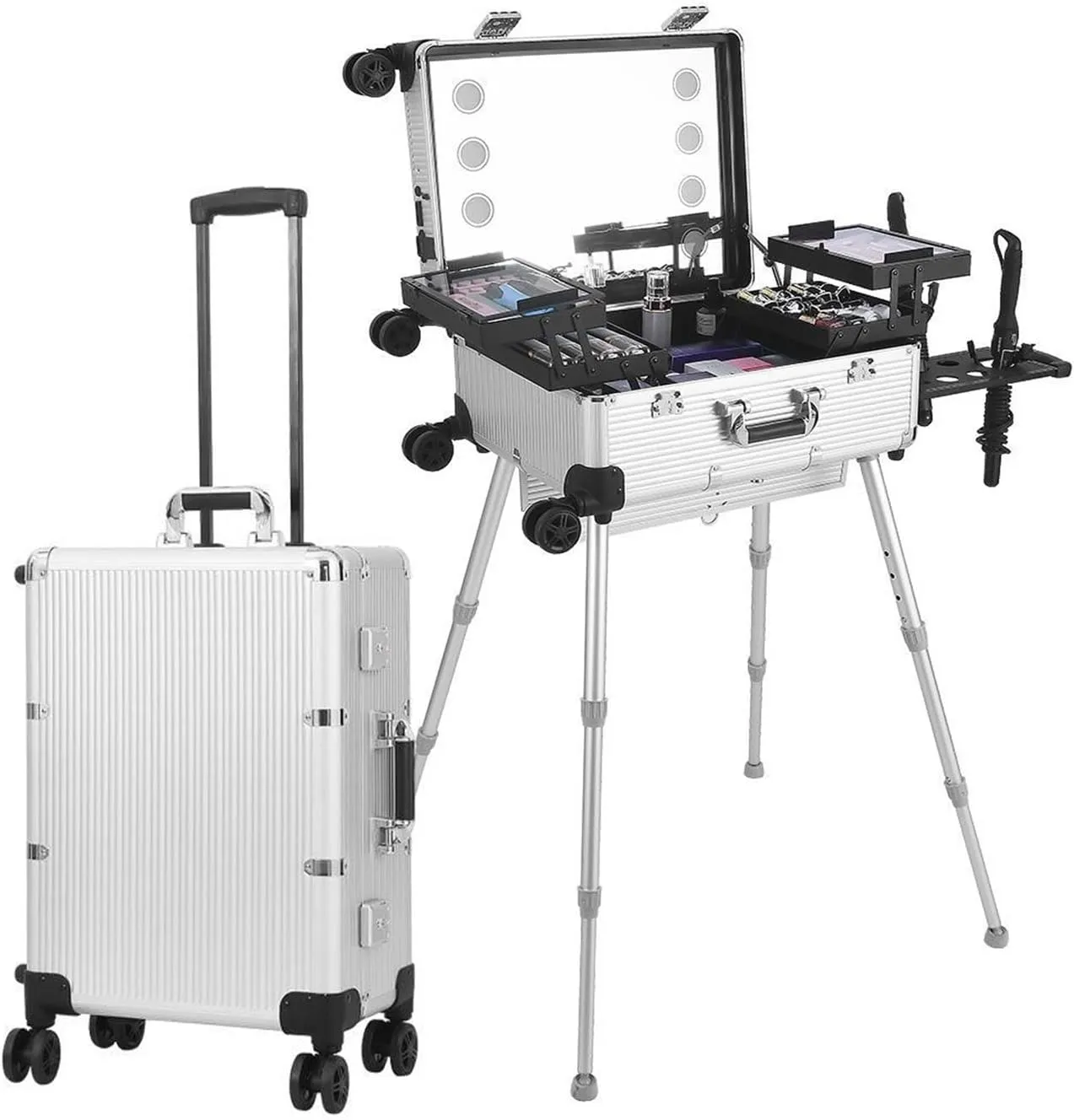 Rolling Makeup Train Case,Makeup Case w/Mirror&Lights,Cosmetic Organizer Studio for Professional Makeup Artists,Manicurists Beauty Lovers
