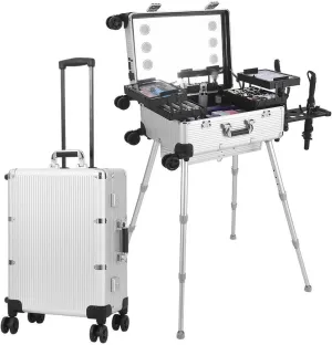 Rolling Makeup Train Case,Makeup Case w/Mirror&Lights,Cosmetic Organizer Studio for Professional Makeup Artists,Manicurists Beauty Lovers