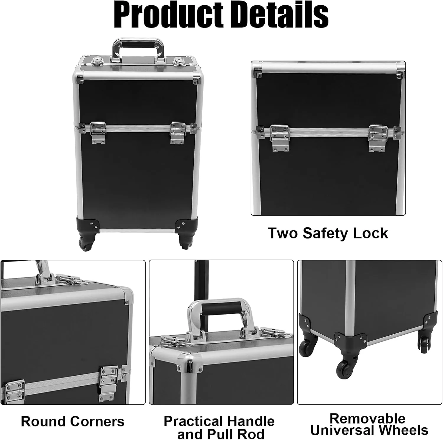 Rolling Makeup Trolley Case, Makeup Train Case with Keys Swivel Wheels, Makeup Suitcase Organizer on Wheels for Nail Tech Hairstylists (Black)