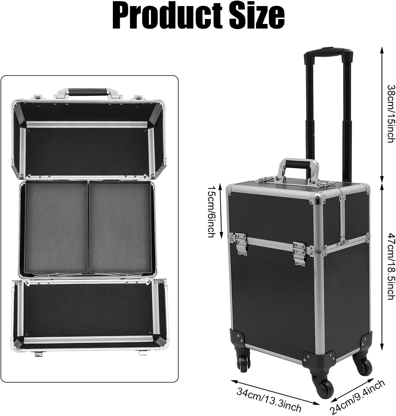 Rolling Makeup Trolley Case, Makeup Train Case with Keys Swivel Wheels, Makeup Suitcase Organizer on Wheels for Nail Tech Hairstylists (Black)