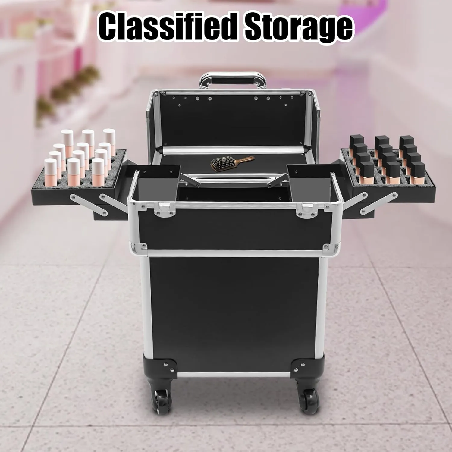 Rolling Makeup Trolley Case, Makeup Train Case with Keys Swivel Wheels, Makeup Suitcase Organizer on Wheels for Nail Tech Hairstylists (Black)