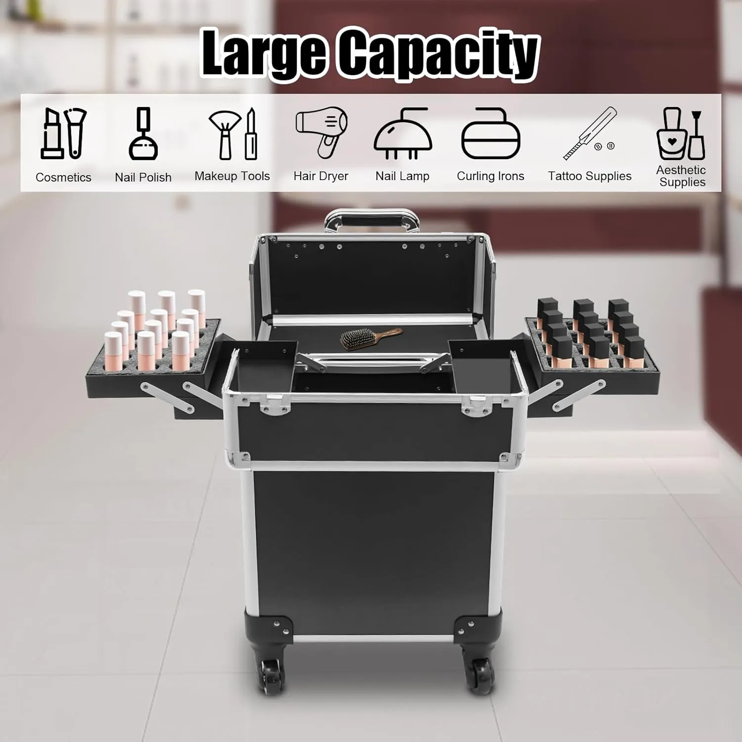 Rolling Makeup Trolley Case, Makeup Train Case with Keys Swivel Wheels, Makeup Suitcase Organizer on Wheels for Nail Tech Hairstylists (Black)