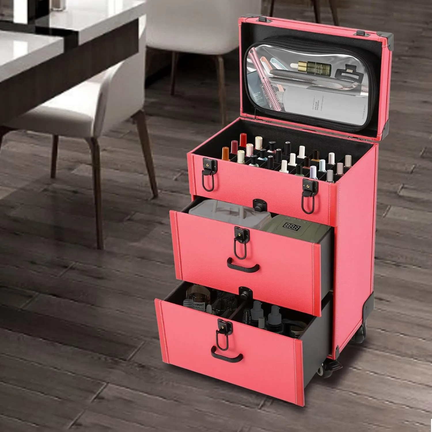 Rolling Makeup Trolley Case, Nail Polish Organizer, Jewelry Travel Cosmetic Case with Drawer