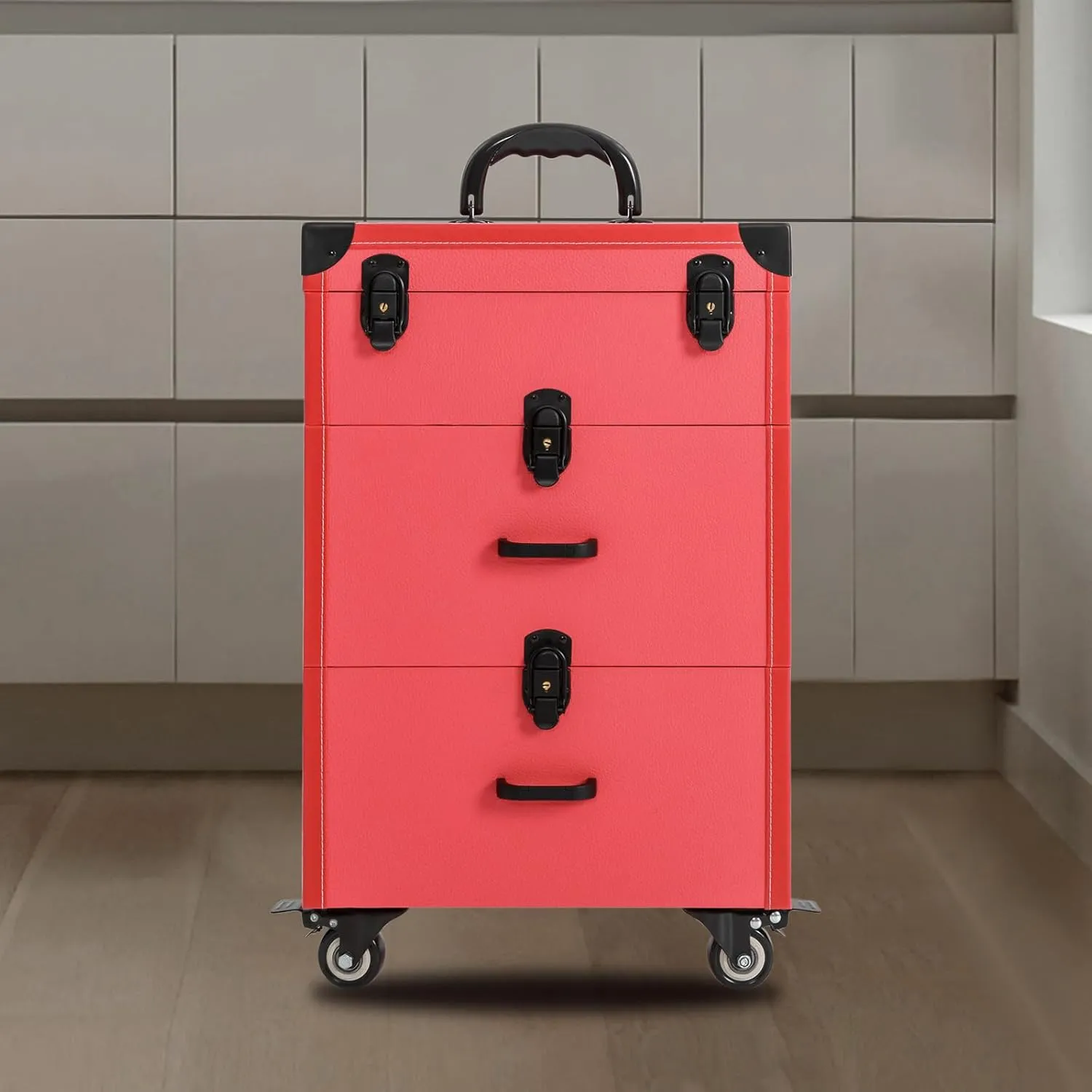 Rolling Makeup Trolley Case, Nail Polish Organizer, Jewelry Travel Cosmetic Case with Drawer