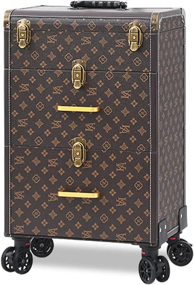 Rolling Nail Technician Makeup Organizer - Wheeled Case with Drawers, Suitable for Makeup Artists & Hairstylists (Brown)