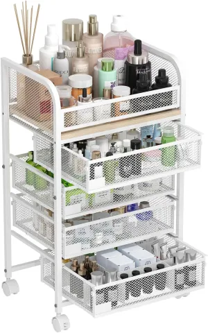 ROOMTEC Makeup Organizer with 4 Drawers, Skincare Storage, Floor Skincare Organizers with Wheels Nameplates,Vanity Cosmetic Holder for Perfume, Nail Polish, Brushes, White