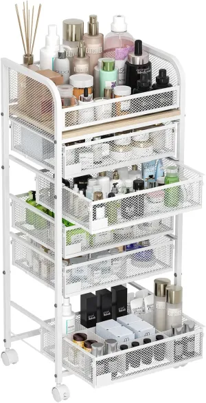 ROOMTEC Makeup Organizer with 5 Drawers, Skincare Storage, Floor Skincare Organizers with Wheels Nameplates,Vanity Cosmetic Holder for Perfume, Nail Polish, Brushes, White