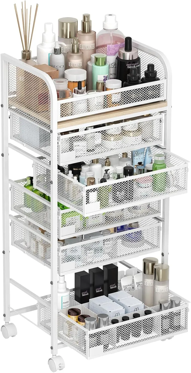 ROOMTEC Makeup Organizer with 5 Drawers, Skincare Storage, Floor Skincare Organizers with Wheels Nameplates,Vanity Cosmetic Holder for Perfume, Nail Polish, Brushes, White