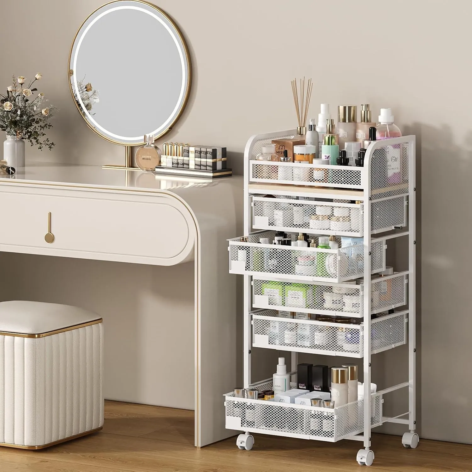 ROOMTEC Makeup Organizer with 5 Drawers, Skincare Storage, Floor Skincare Organizers with Wheels Nameplates,Vanity Cosmetic Holder for Perfume, Nail Polish, Brushes, White