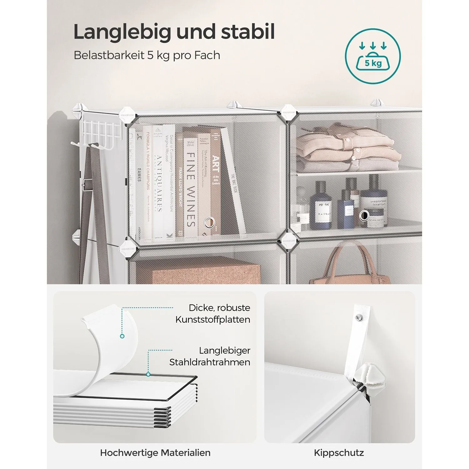 Rootz White 10 Compartment Storage Shelf - Organizer Rack - Plastic Shelving - ABS Plastic Connector - PP Plastic Board - Steel Frame - 32cm x 165cm x 125cm - Lightweight - Easy Assembly - Versatile Storage Solution