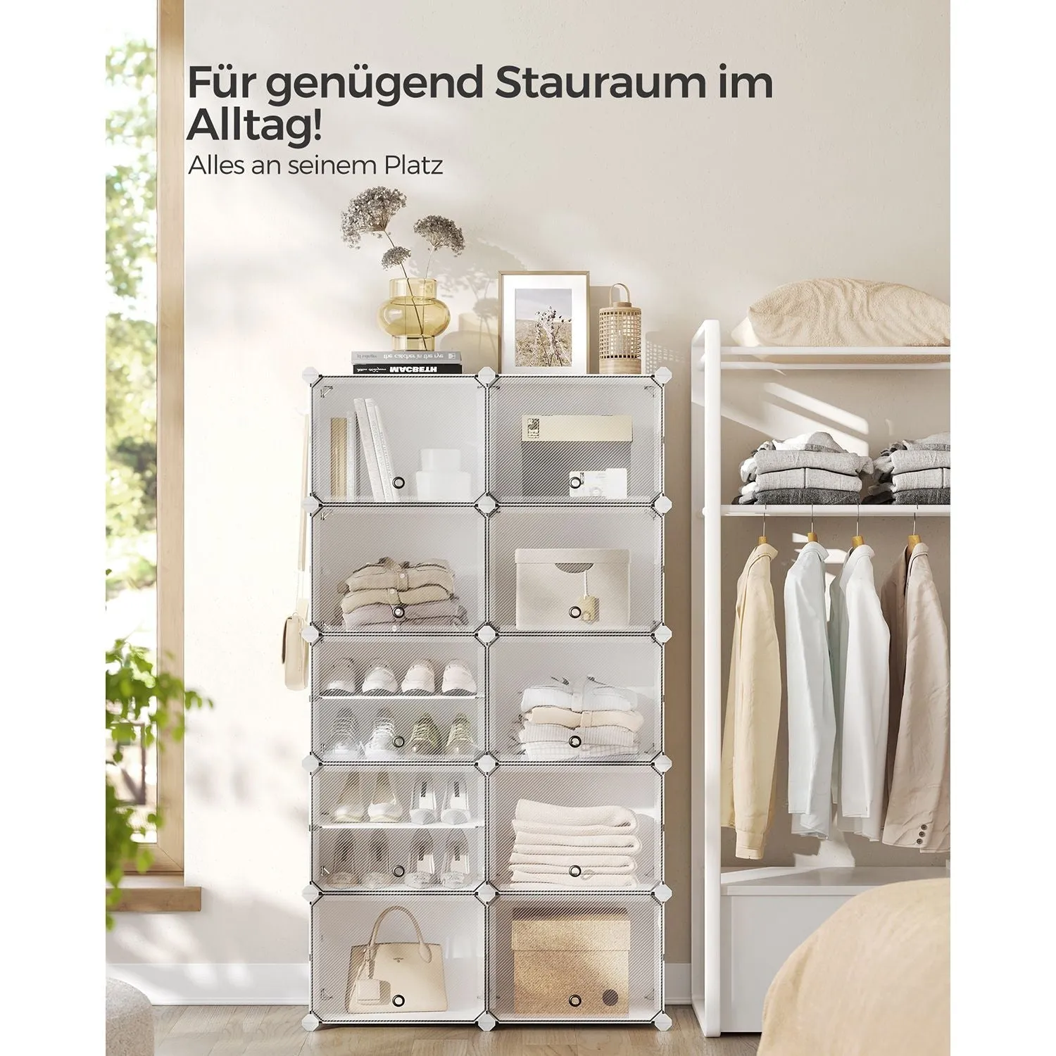 Rootz White 10 Compartment Storage Shelf - Organizer Rack - Plastic Shelving - ABS Plastic Connector - PP Plastic Board - Steel Frame - 32cm x 165cm x 125cm - Lightweight - Easy Assembly - Versatile Storage Solution
