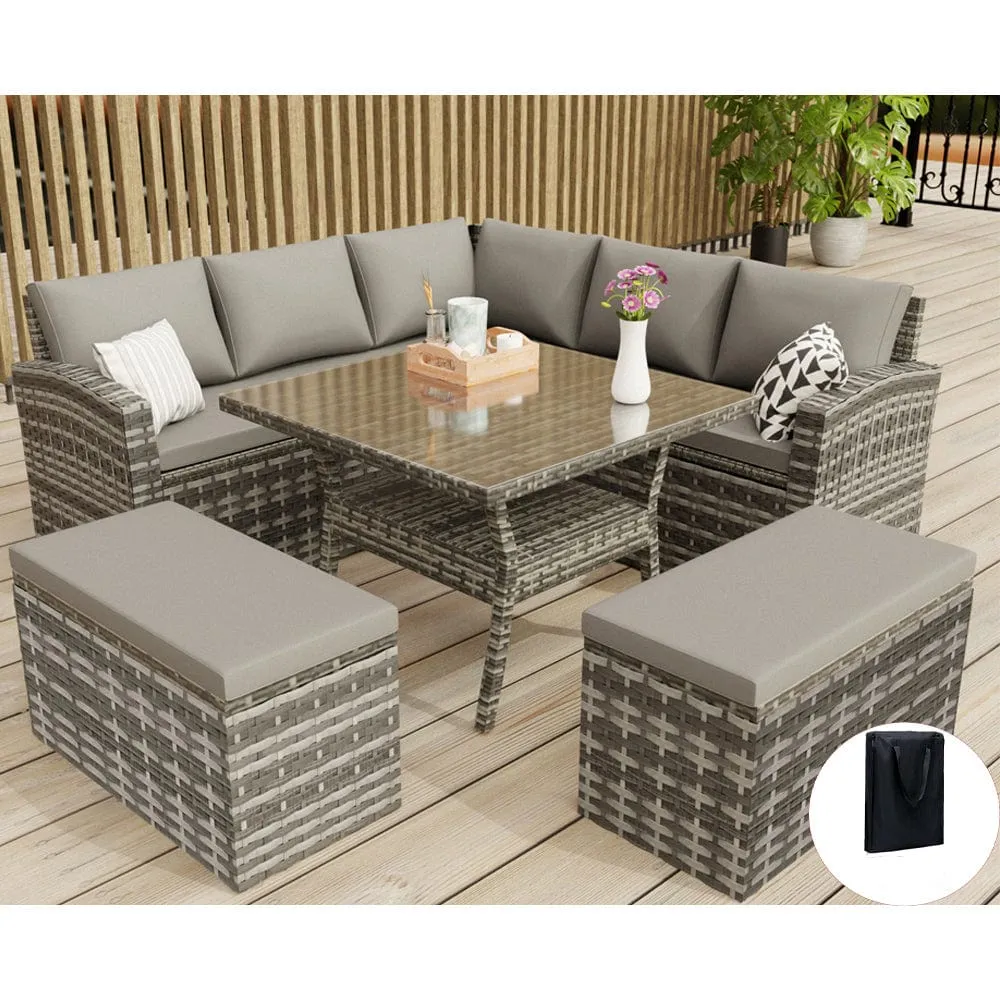 Rosen 9 Seater Rattan Garden Furniture Cube Dining Set With Parasol In Grey