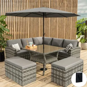 Rosen 9 Seater Rattan Garden Furniture Cube Dining Set With Parasol In Grey