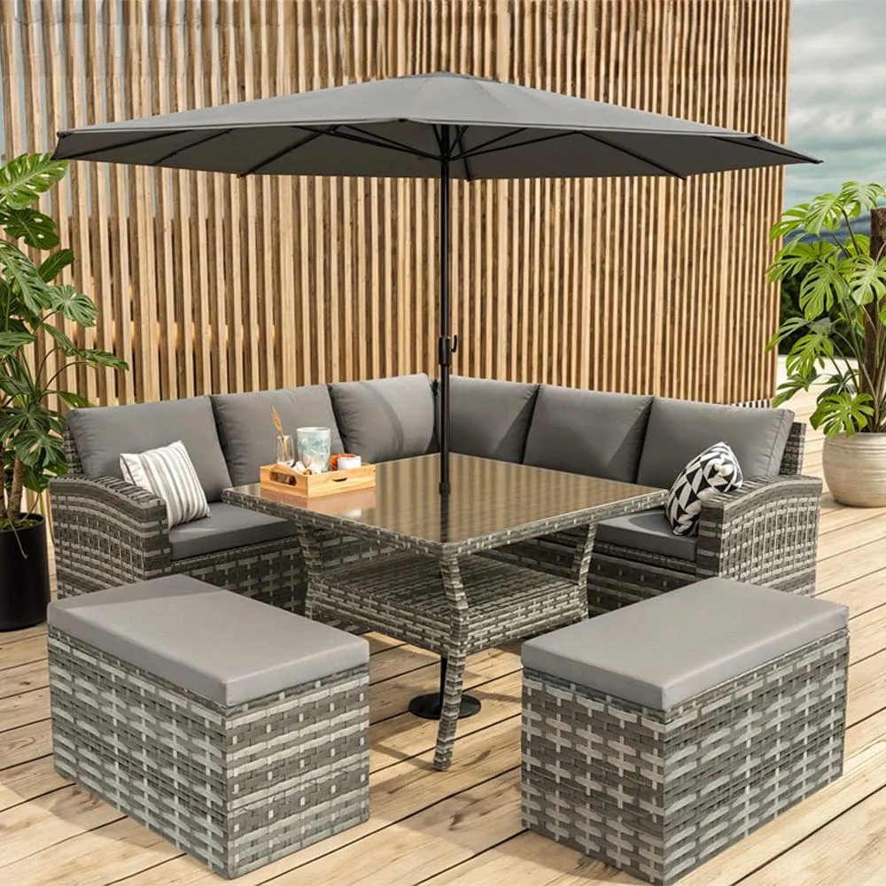 Rosen 9 Seater Rattan Garden Furniture Cube Dining Set With Parasol In Grey
