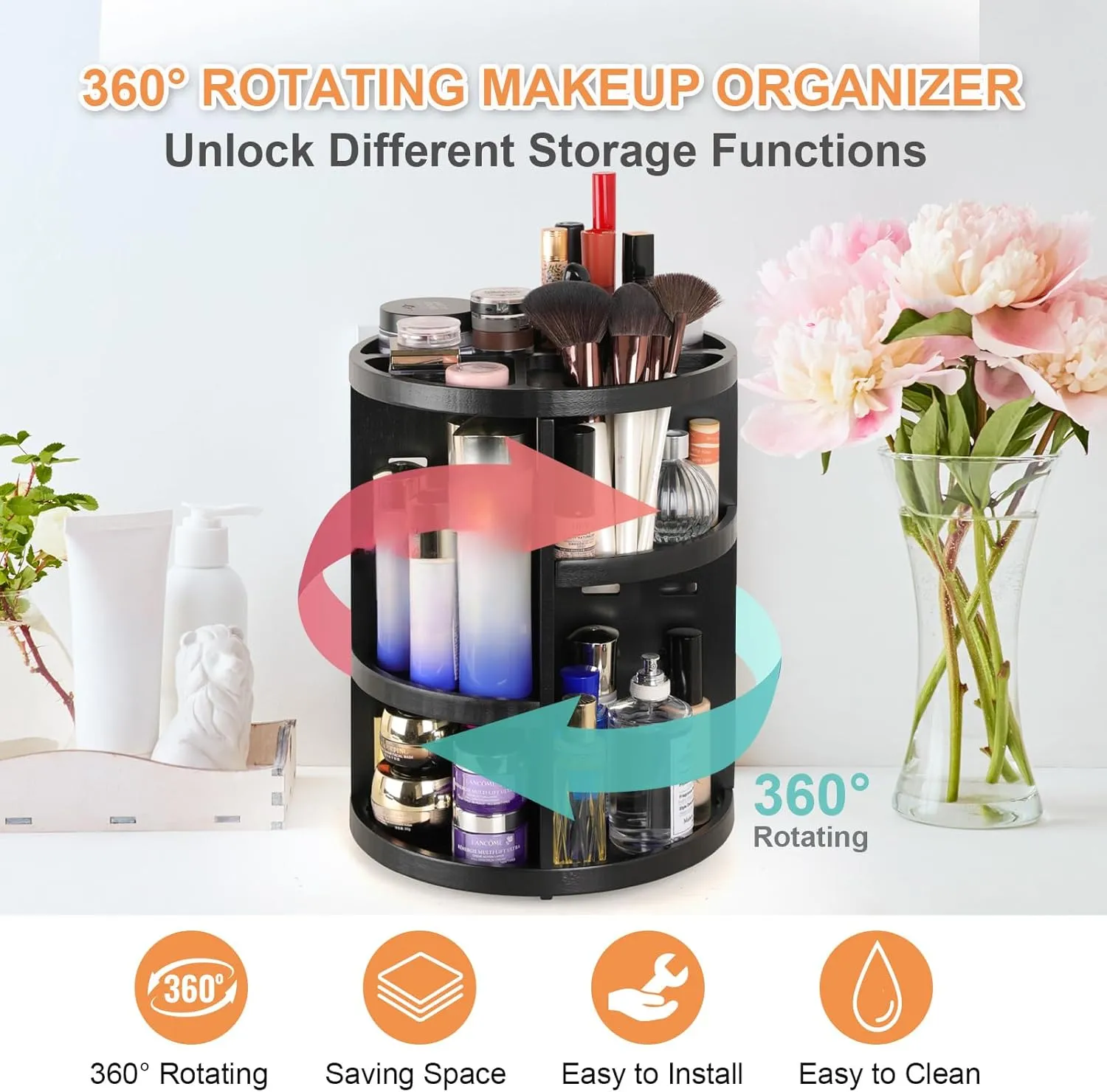 Rotating Bamboo Makeup Organizer,360 Degree Spinning Adjustable Bamboo Vanity Makeup Holder Rack,Large Capacity Cosmetics Storage Display Box,Fits Makeup,Skincare,Cologne(Black)