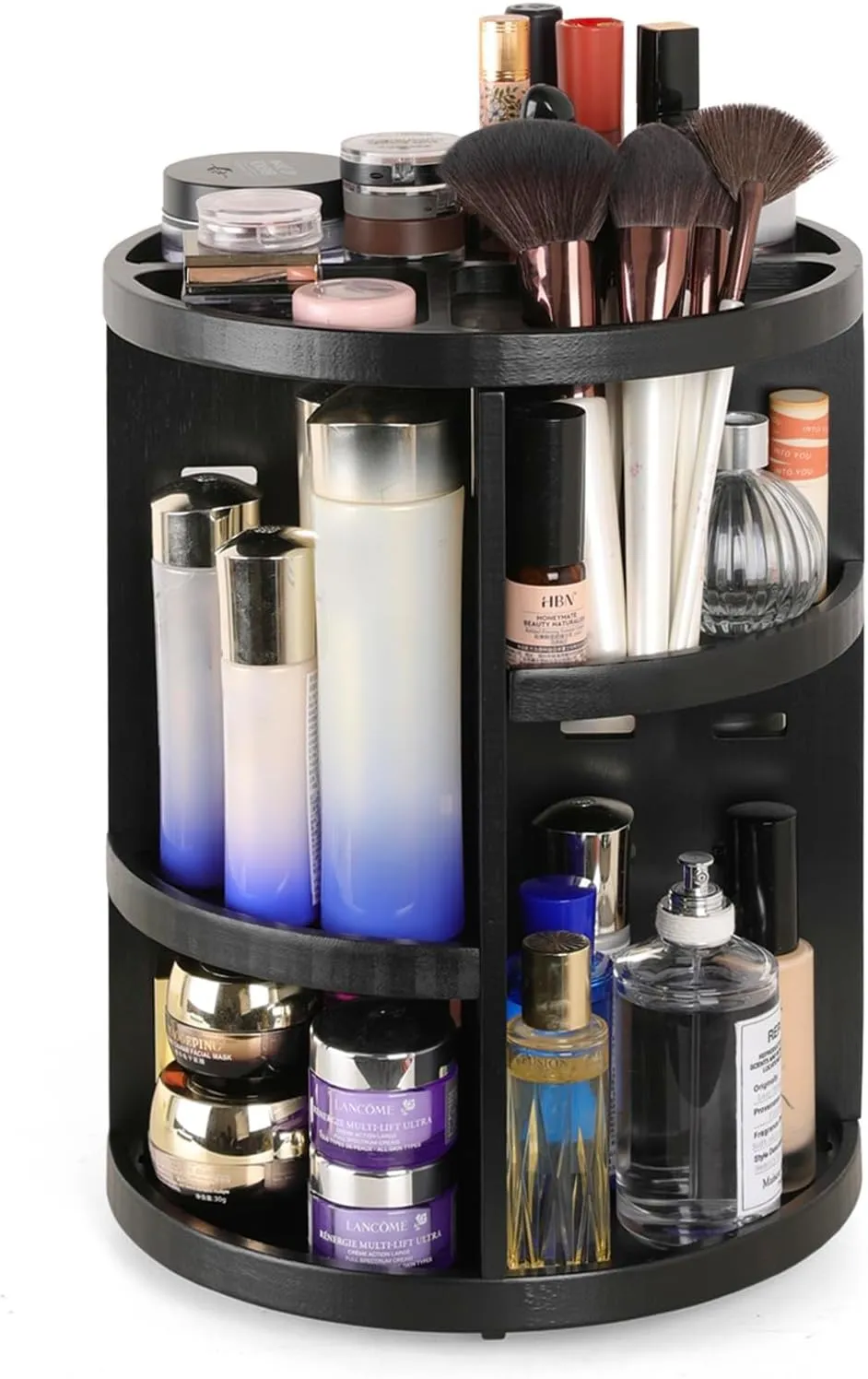 Rotating Bamboo Makeup Organizer,360 Degree Spinning Adjustable Bamboo Vanity Makeup Holder Rack,Large Capacity Cosmetics Storage Display Box,Fits Makeup,Skincare,Cologne(Black)