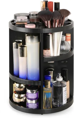 Rotating Bamboo Makeup Organizer,360 Degree Spinning Adjustable Bamboo Vanity Makeup Holder Rack,Large Capacity Cosmetics Storage Display Box,Fits Makeup,Skincare,Cologne(Black)