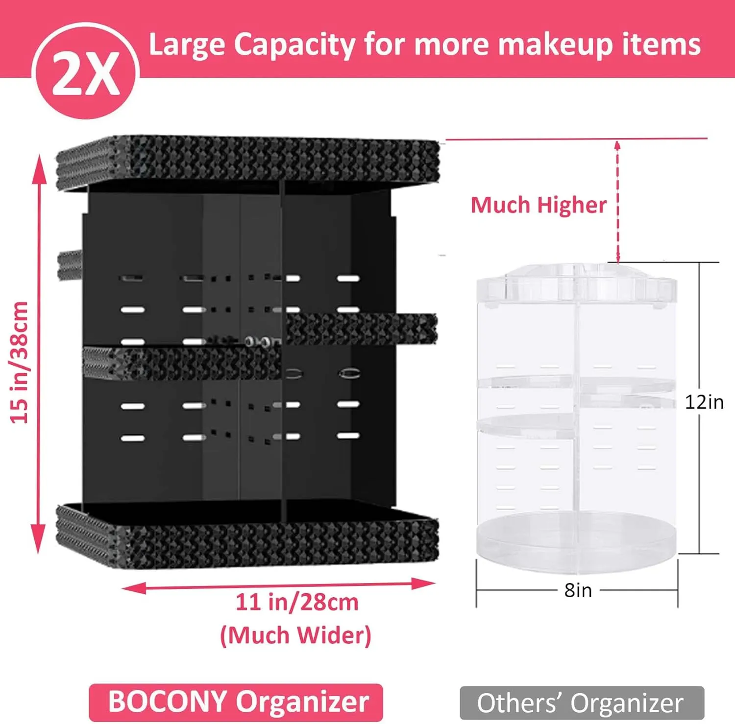 Rotating Makeup Organizer, Large Capacity Cosmetic Display Case, Acrylic Skincare Organizer with Brush Holder, Makeup Storage Organizer for Dresser Countertop and Bathroom Vanity - Black