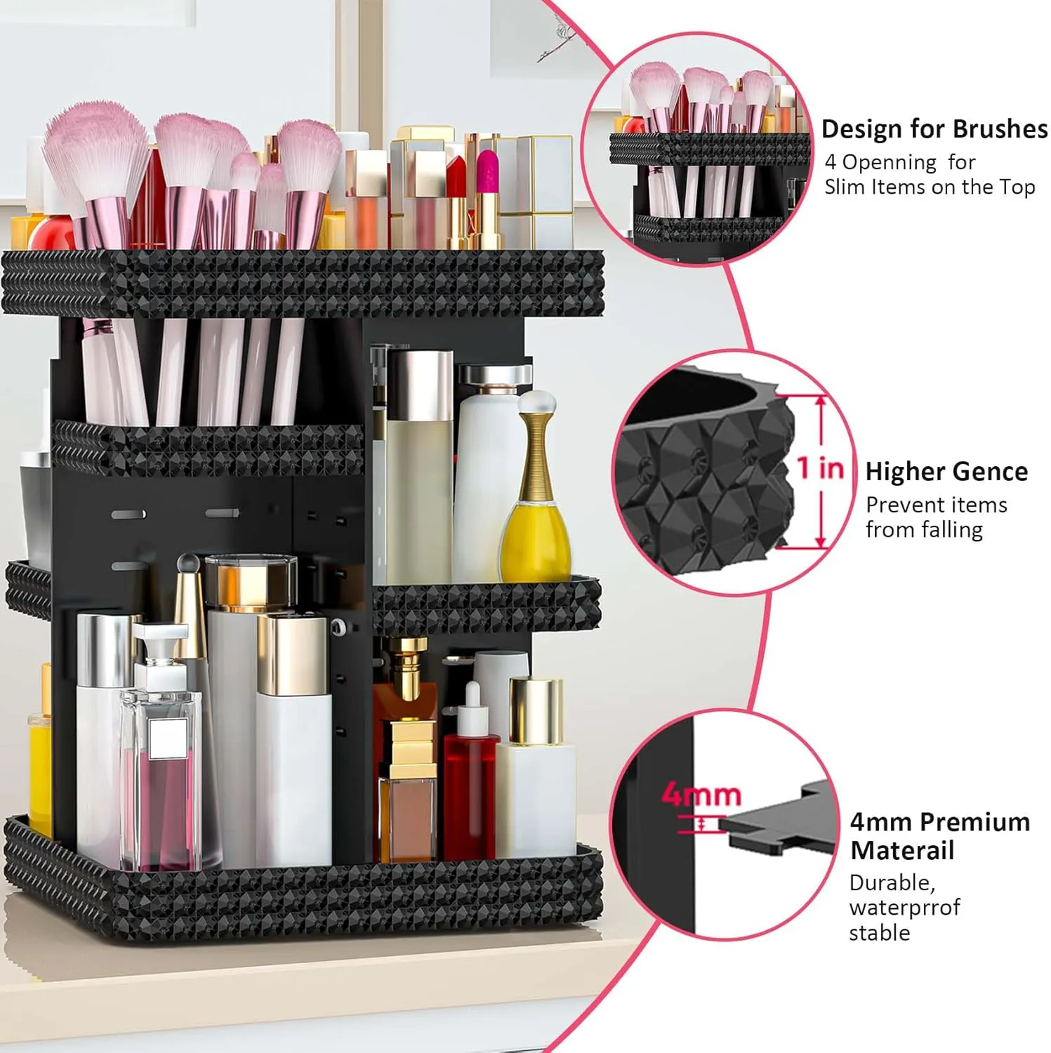 Rotating Makeup Organizer, Large Capacity Cosmetic Display Case, Acrylic Skincare Organizer with Brush Holder, Makeup Storage Organizer for Dresser Countertop and Bathroom Vanity - Black