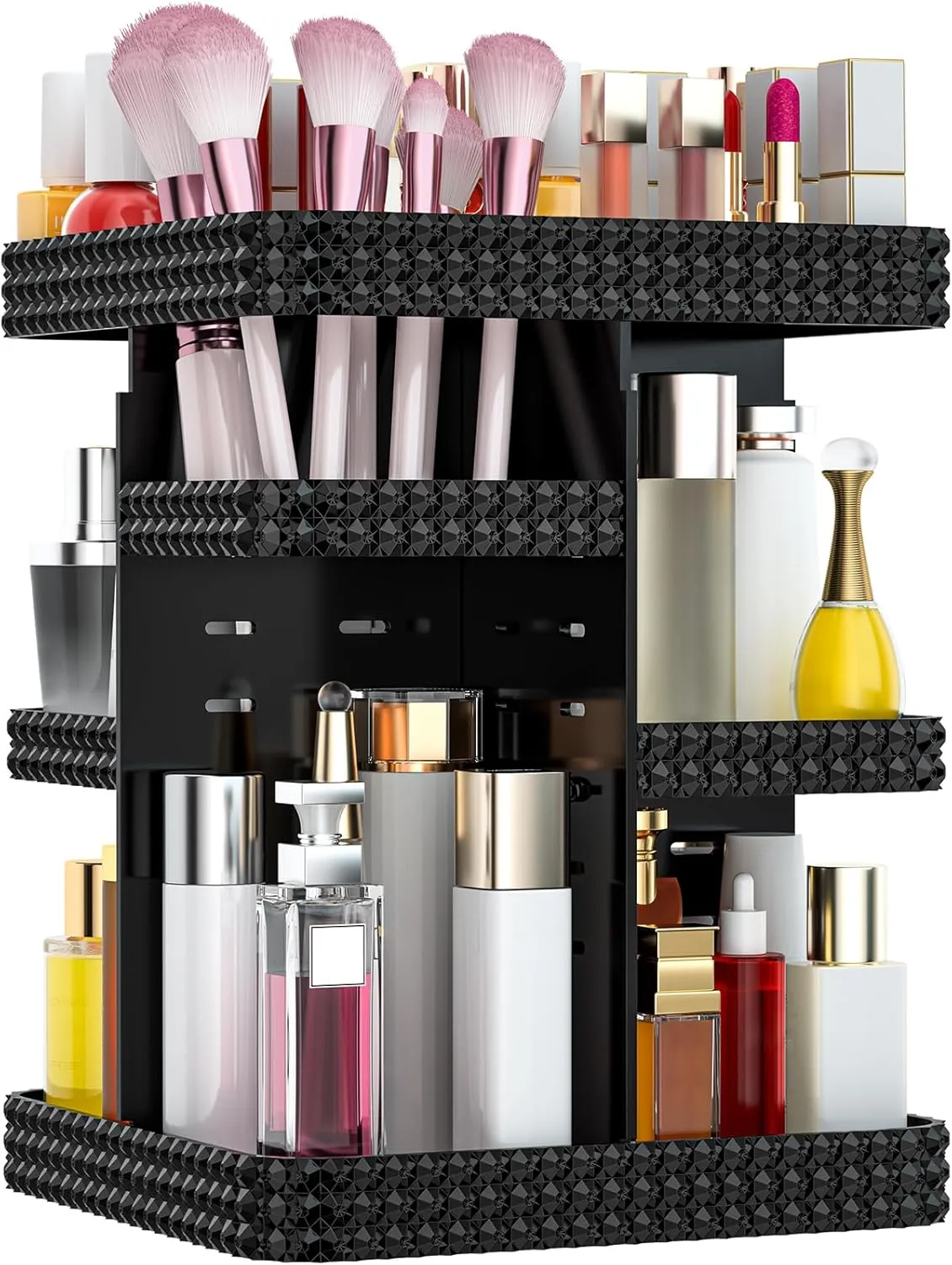 Rotating Makeup Organizer, Large Capacity Cosmetic Display Case, Acrylic Skincare Organizer with Brush Holder, Makeup Storage Organizer for Dresser Countertop and Bathroom Vanity - Black