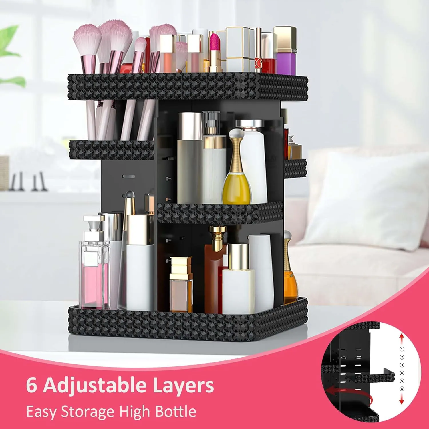 Rotating Makeup Organizer, Large Capacity Cosmetic Display Case, Acrylic Skincare Organizer with Brush Holder, Makeup Storage Organizer for Dresser Countertop and Bathroom Vanity - Black