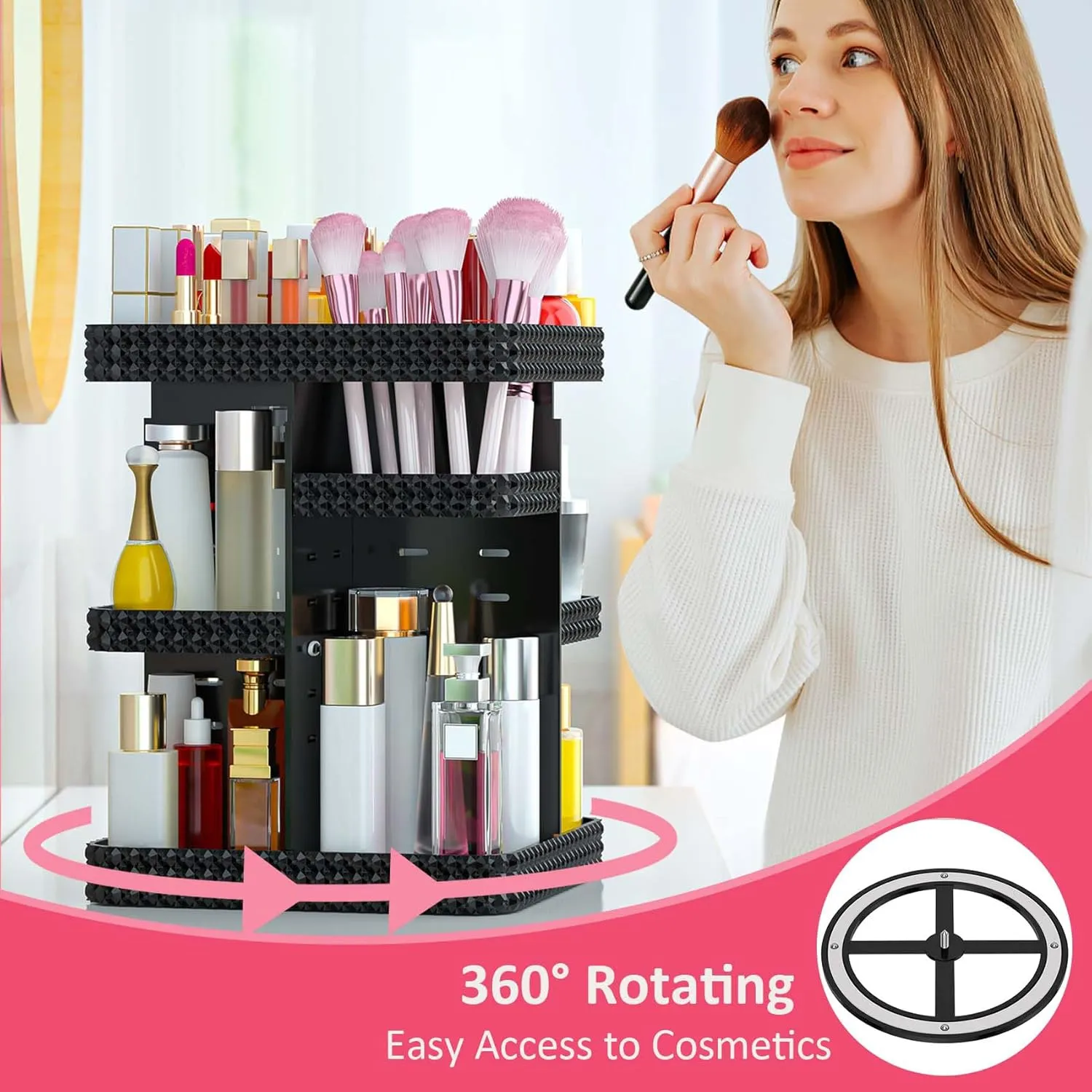 Rotating Makeup Organizer, Large Capacity Cosmetic Display Case, Acrylic Skincare Organizer with Brush Holder, Makeup Storage Organizer for Dresser Countertop and Bathroom Vanity - Black
