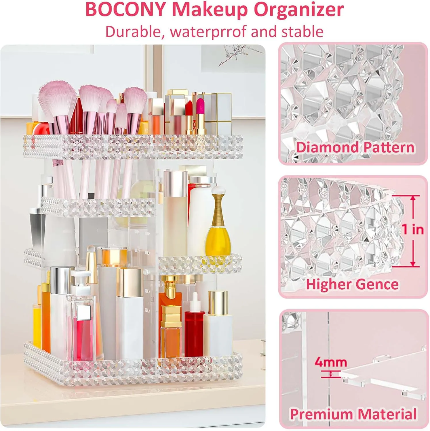 Rotating Makeup Organizer, Large Capacity Cosmetic Display Case, Acrylic Skincare Organizer with Makeup Brush, Makeup Storage Organizer for Dresser Countertop and Bathroom Vanity - Clear