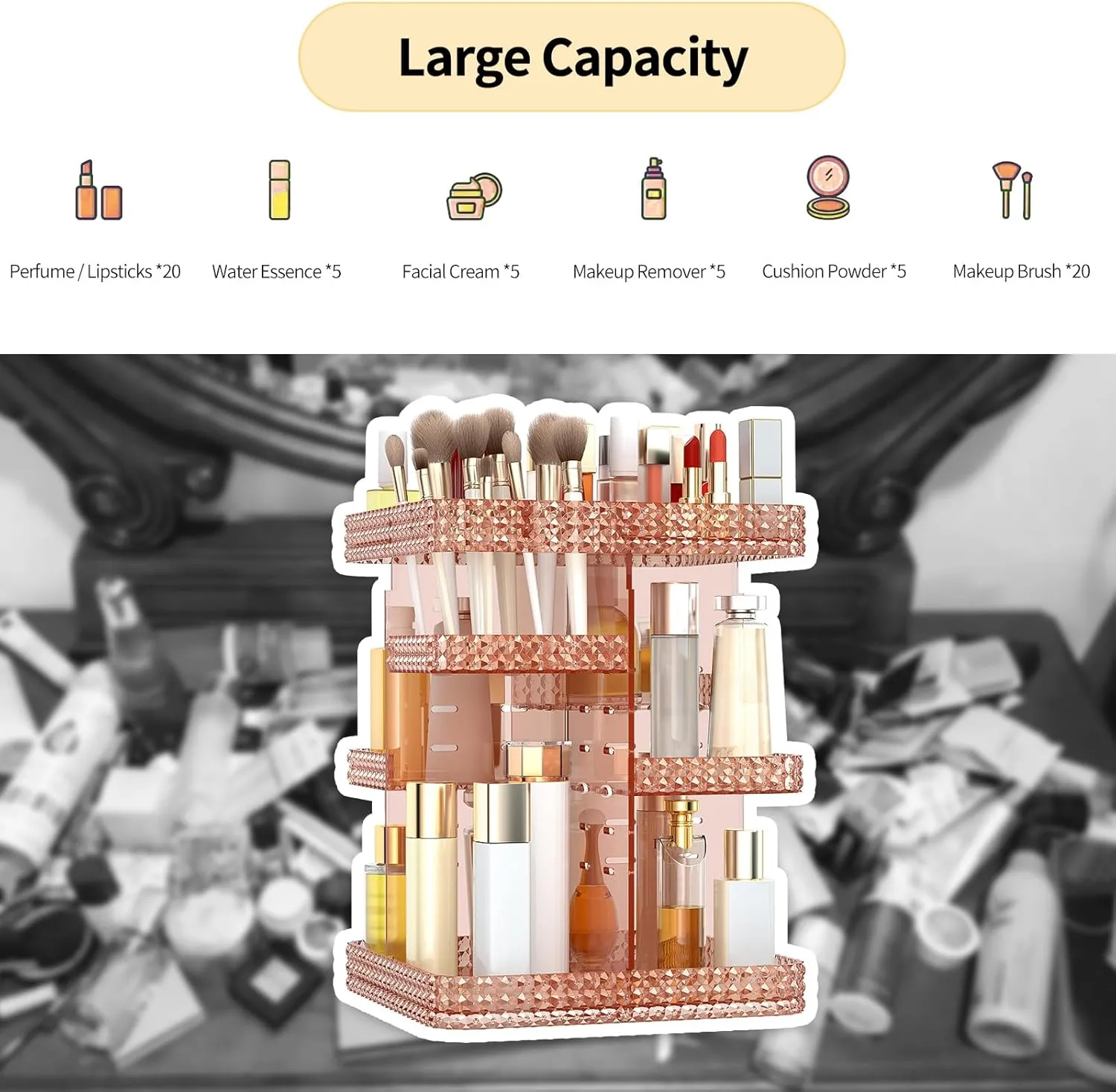 Rotating Makeup Organizer, Large Capacity Cosmetic Display Case, Acrylic Skincare Organizer with Makeup Brush, Makeup Storage Organizer for Dresser Countertop and Bathroom Vanity - Pink