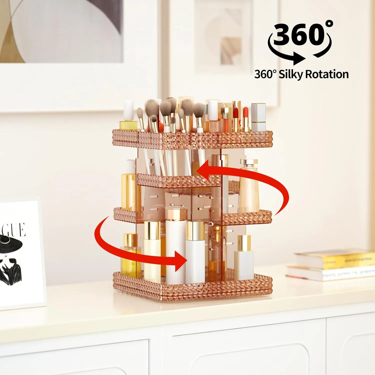 Rotating Makeup Organizer, Large Capacity Cosmetic Display Case, Acrylic Skincare Organizer with Makeup Brush, Makeup Storage Organizer for Dresser Countertop and Bathroom Vanity - Pink