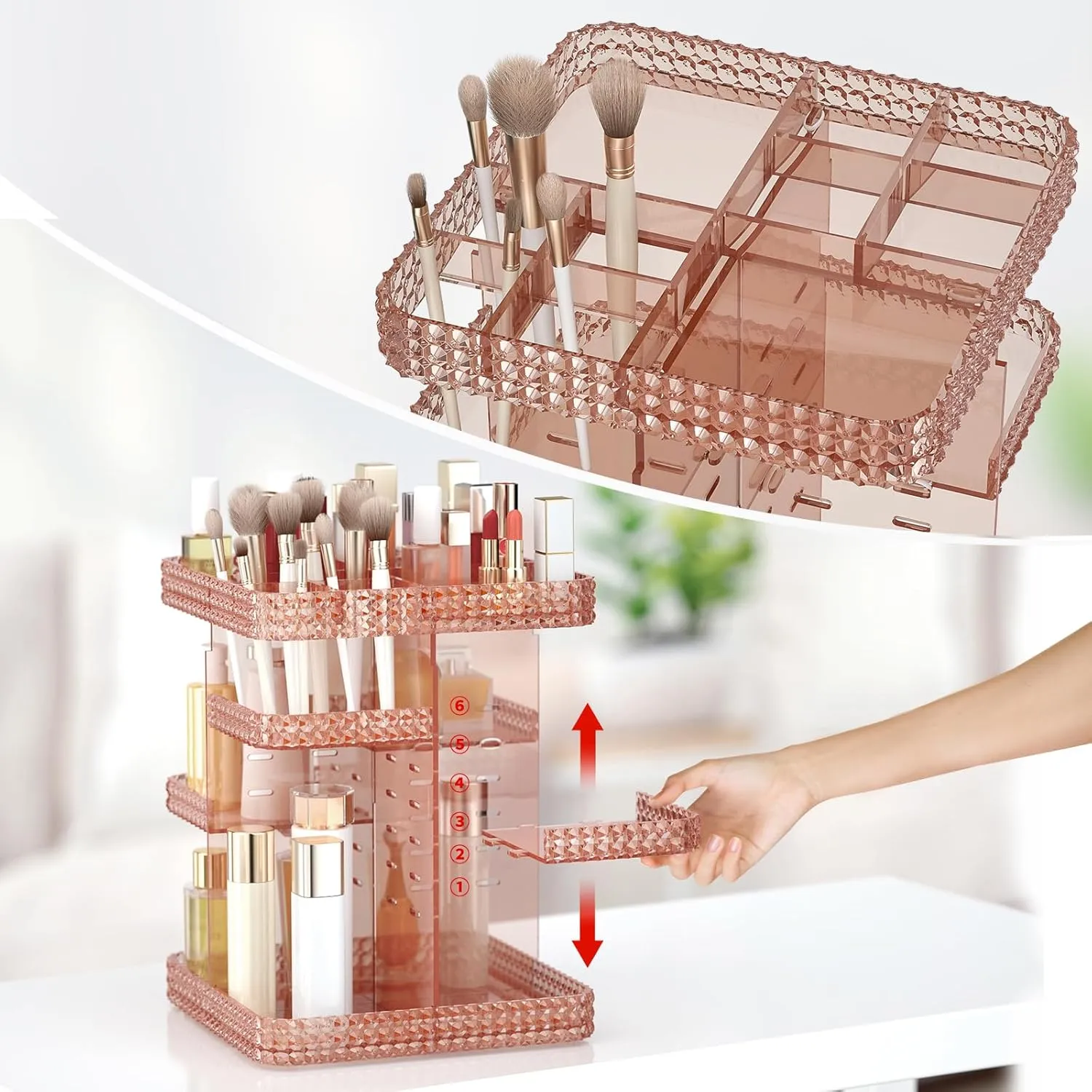 Rotating Makeup Organizer, Large Capacity Cosmetic Display Case, Acrylic Skincare Organizer with Makeup Brush, Makeup Storage Organizer for Dresser Countertop and Bathroom Vanity - Pink