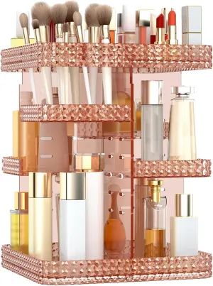 Rotating Makeup Organizer, Large Capacity Cosmetic Display Case, Acrylic Skincare Organizer with Makeup Brush, Makeup Storage Organizer for Dresser Countertop and Bathroom Vanity - Pink