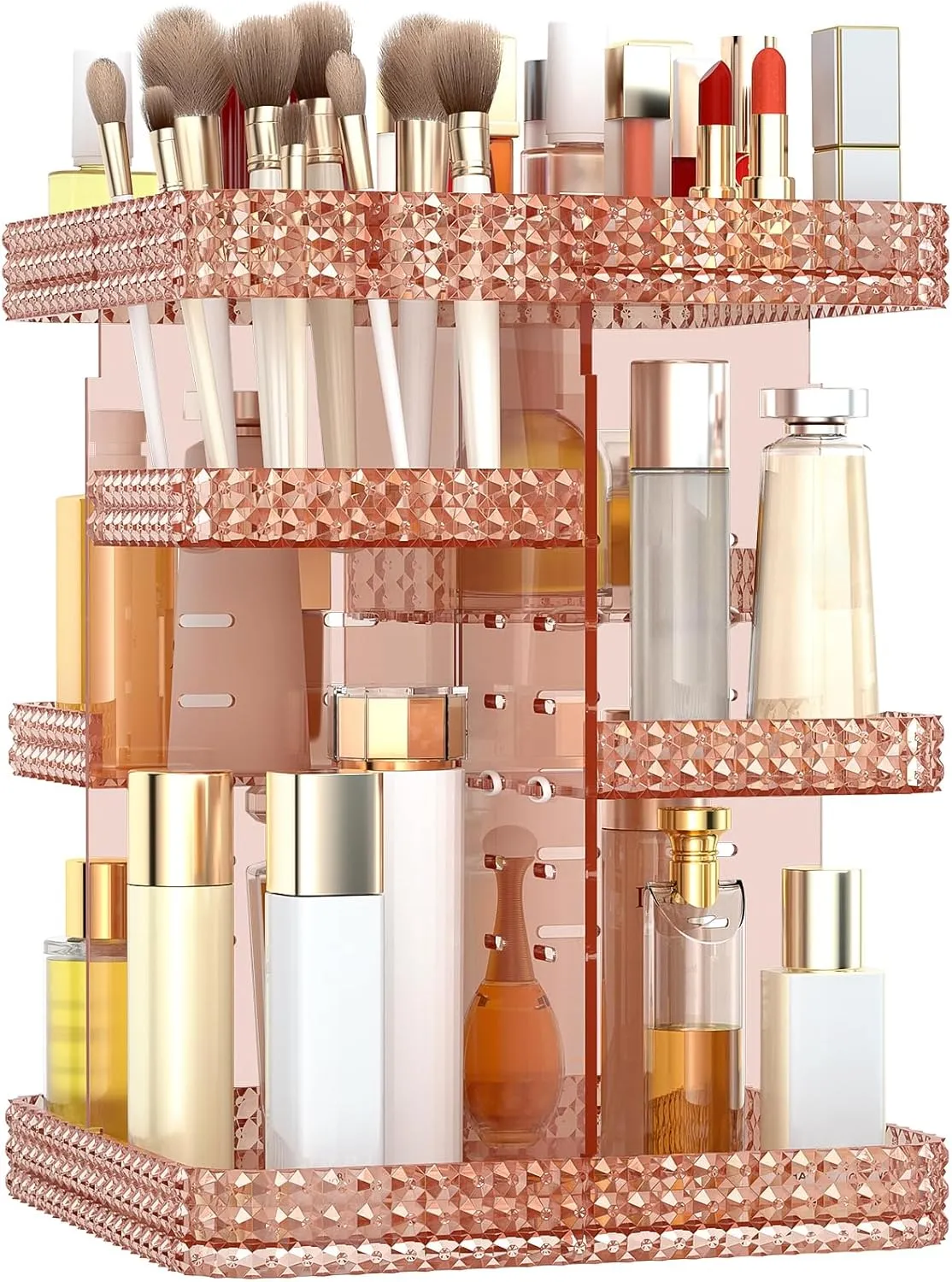 Rotating Makeup Organizer, Large Capacity Cosmetic Display Case, Acrylic Skincare Organizer with Makeup Brush, Makeup Storage Organizer for Dresser Countertop and Bathroom Vanity - Pink