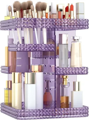 Rotating Makeup Organizer, Large Capacity Cosmetic Display Case, Acrylic Skincare Organizer with Makeup Brush, Makeup Storage Organizer for Dresser Countertop and Bathroom Vanity - Purple