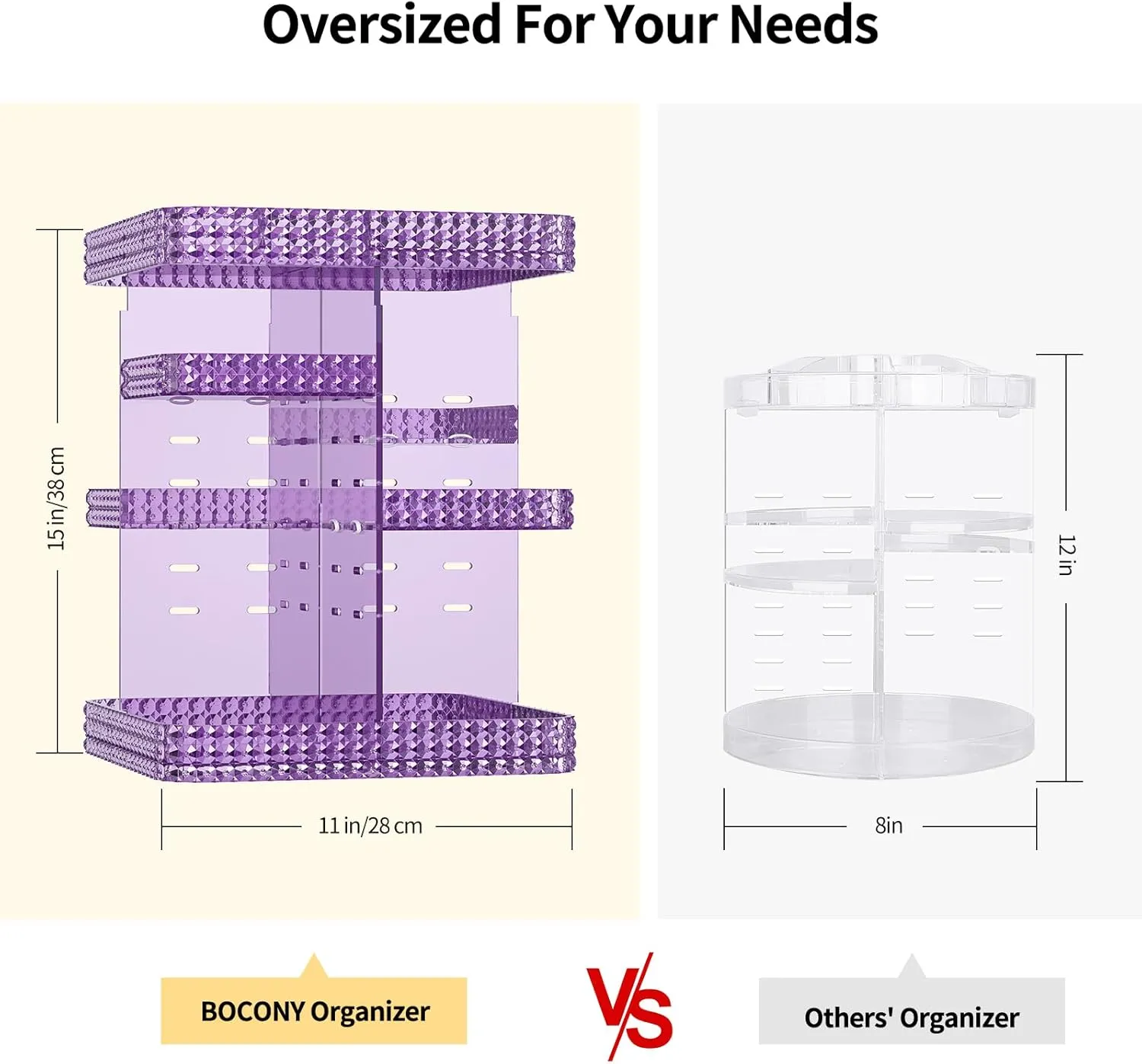 Rotating Makeup Organizer, Large Capacity Cosmetic Display Case, Acrylic Skincare Organizer with Makeup Brush, Makeup Storage Organizer for Dresser Countertop and Bathroom Vanity - Purple