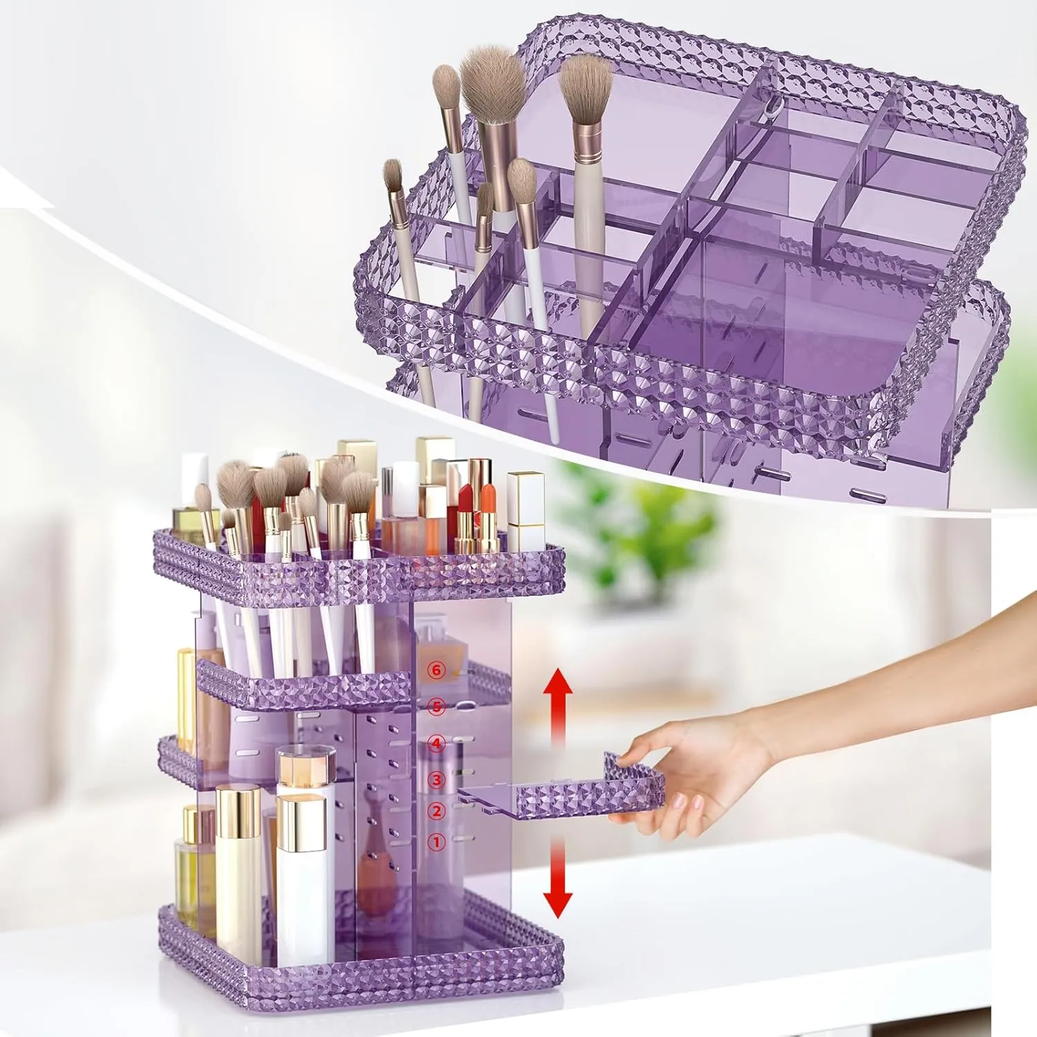 Rotating Makeup Organizer, Large Capacity Cosmetic Display Case, Acrylic Skincare Organizer with Makeup Brush, Makeup Storage Organizer for Dresser Countertop and Bathroom Vanity - Purple