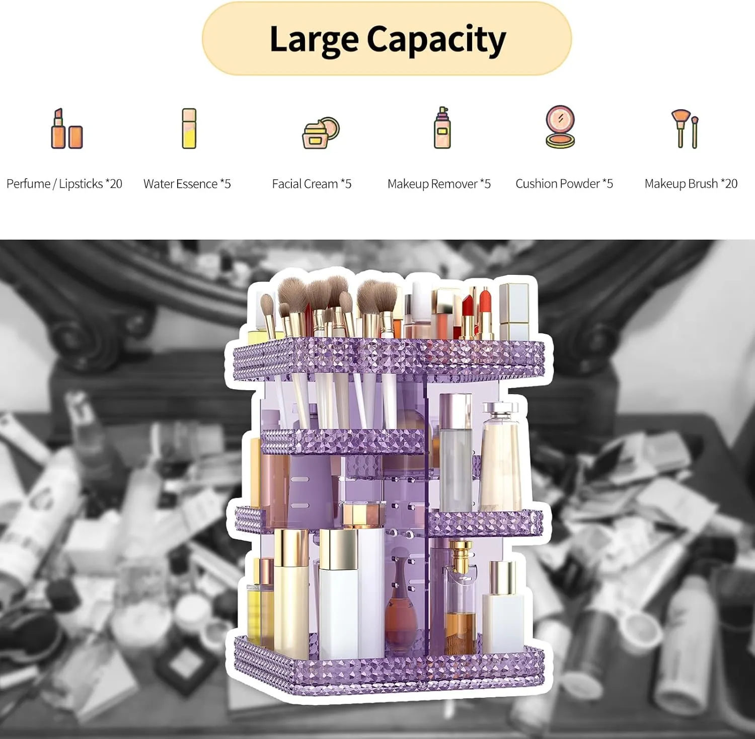 Rotating Makeup Organizer, Large Capacity Cosmetic Display Case, Acrylic Skincare Organizer with Makeup Brush, Makeup Storage Organizer for Dresser Countertop and Bathroom Vanity - Purple