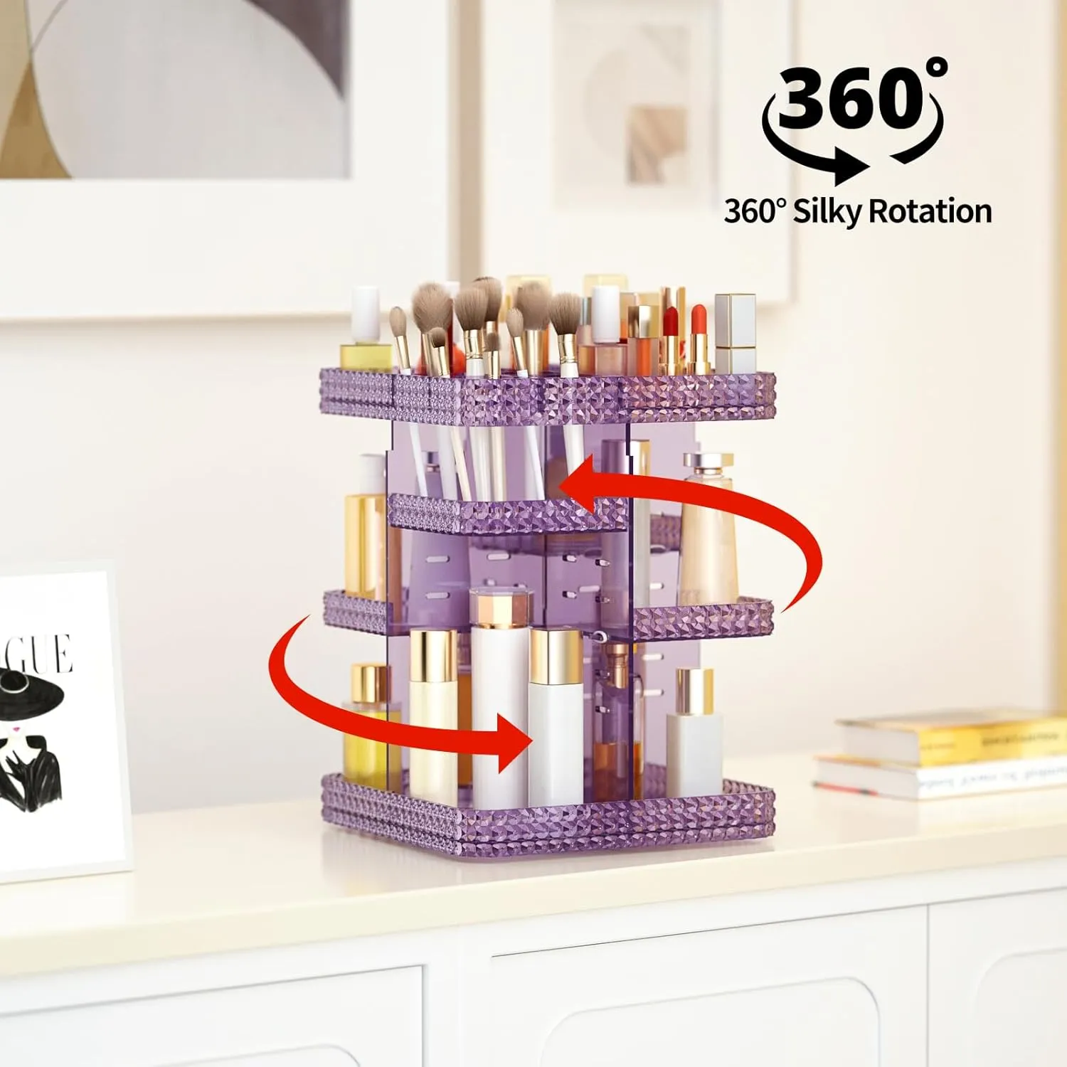Rotating Makeup Organizer, Large Capacity Cosmetic Display Case, Acrylic Skincare Organizer with Makeup Brush, Makeup Storage Organizer for Dresser Countertop and Bathroom Vanity - Purple