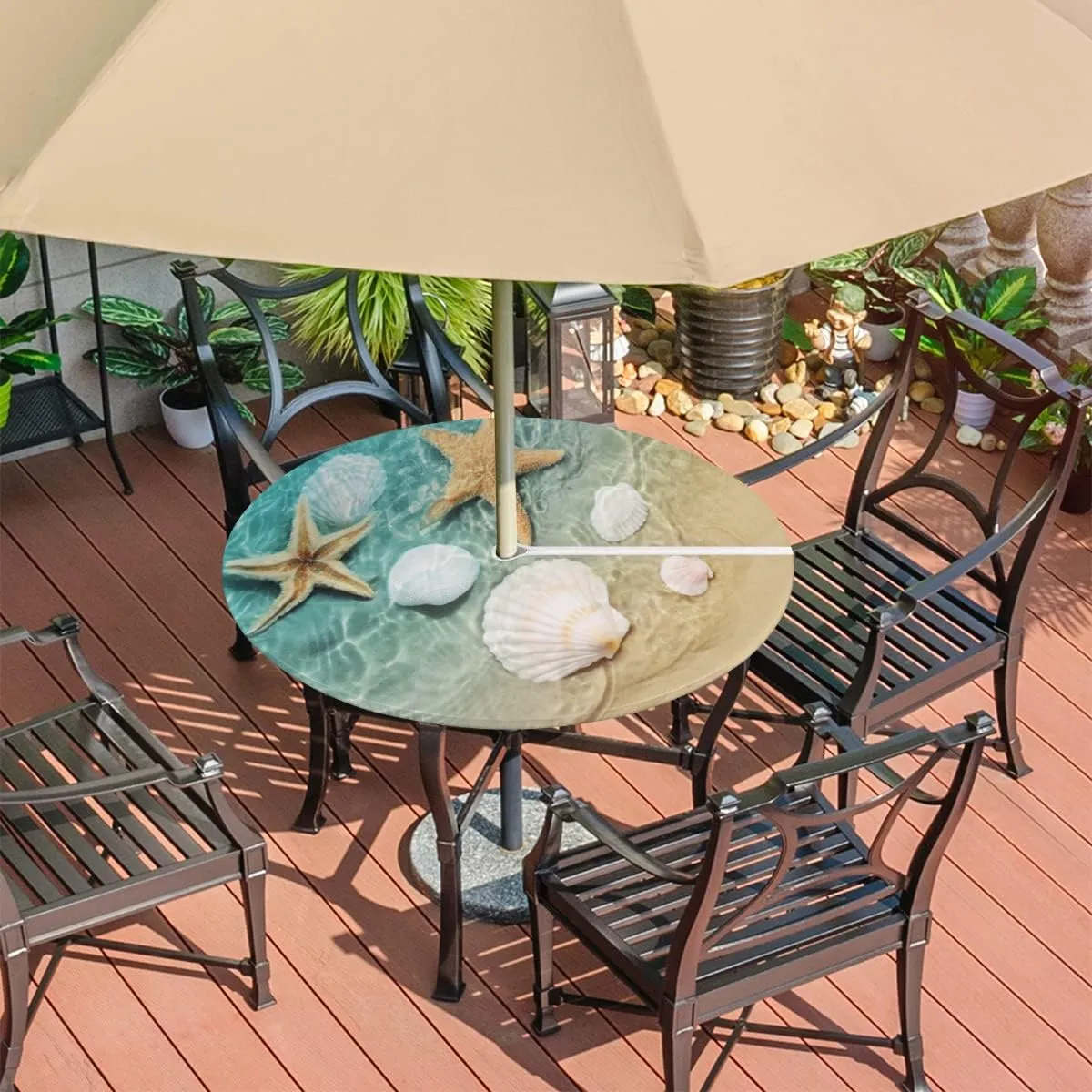 Round Fitted Tablecloth with Umbrella Hole Ocean Starfish Seashell Outdoor Tablecloth Waterproof Umbrella Table Cloth Zippered Tablecloth 36"-44" Round Elastic Table Cover for Patio